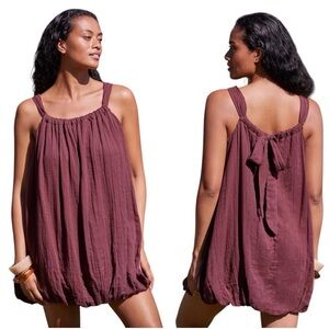 By Anthropologie Gauze Bubble-Hem Mini Dress Brown Oversized Cotton Sz Large